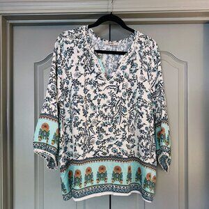 Boho Floral Tunic Top Aqua Border Print Crochet Trim Cottagecore Peasant Blouse